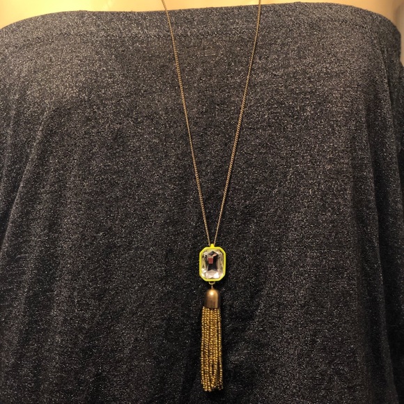 J. Crew Rhinestone Pendant Necklace Chartreuse Neon Green Frame Bead Tassel Gold - Picture 3 of 6
